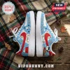 Snoopy Christmas Peanuts Gang Air Force 1 Sneakers featuring blue leather with Snoopy and Woodstock cartoon graphics.