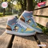 Side view of Snoopy custom name retro comic high top sneakers with yellow toe boxes resting on a wooden park bench.