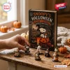 Snoopy Halloween Advent Calendar 2026 box with small character figurines on a wooden table near pumpkins.
