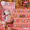 Front view of the Snoopy x Dunkin Donuts 2026 Advent Calendar alongside its included charms.
