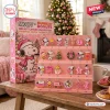 Front view of the Snoopy x Dunkin Donuts 2026 Advent Calendar with numbered hanging charms on a tiered pink stand.
