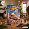 Snoopy x Hot Wheels 58th Anniversary Advent Calendar 2026 box with toy cars and characters on a wooden table.