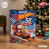 Snoopy x Hot Wheels 58th Anniversary Advent Calendar 2026 box with Snoopy driving a red car on a snowy holiday background.