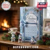 Snowman Miniature 24-Day Christmas Advent Calendar featuring blue snowy packaging, a satin ribbon, and three snowman figures.