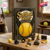 Softball Lover Advent Calendar 2026 featuring a black box with gold typography and miniature softball gear on a wooden table.