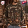 Front view of the Somewhere Western Mountain Skeleton Knit Sweater featuring a campfire graphic.