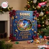 Sonic The Hedgehog 35th Anniversary Advent Calendar 2026 blue box with ornaments and character figures on a wooden table.