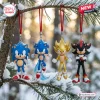 Sonic The Hedgehog 35th Anniversary Advent Calendar 2026 figures of Sonic, Super Sonic, and Shadow hanging on a pine tree.