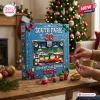 South Park 30th Anniversary Advent Calendar 2026 blue box with character figurines displayed on a wooden table near a tree.
