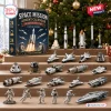 Space Mission Advent Calendar 2026 featuring 24 miniature spacecraft models, rockets, and astronaut figurines on tiered shelves.