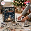 Space Mission Advent Calendar 2026 box with 24 toy spacecraft models and astronaut figurines on a carpeted floor.