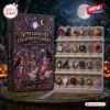 Front view of Spellbound Halloween Garden 2026 Advent Calendar box beside a display stand with 24 numbered charms.