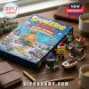 SpongeBob SquarePants 2026 Christmas Advent Calendar box with collectible character figurines on a wooden table.