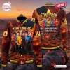 Front and back view of Star Trek 60th Anniversary Baseball Varsity Jacket featuring character graphics against a volcanic landscape.
