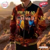 Front view of a Star Trek 60th Anniversary Baseball Varsity Jacket featuring a rocky alien landscape graphic and crew.