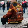 Back view of a person wearing the Star Trek 60th Anniversary Baseball Varsity Jacket featuring character graphics.