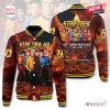 Front and back view of Star Trek 60th Anniversary Baseball Varsity Jacket featuring character prints and rocky landscape.