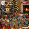 Front view of a Star Trek 60th Anniversary Christmas Advent Calendar box with holiday ornaments on a table.