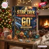 Front view of a Star Trek 60th Anniversary Christmas Advent Calendar displayed on a wooden table.