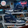 Star Trek NCC-1701 Enterprise Navy Blue Air Jordan 1 sneakers featuring U.S.S. Enterprise graphics on a spaceship bridge.