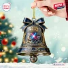 Closeup of Star Wars 50th Anniversary bell ornament held against a blurred winter background.