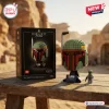 Front view of the Boba Fett Helmet Brick Set box and built model displayed on a wooden table.