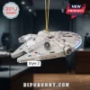 Star Wars 50th Anniversary Millennium Falcon tree ornament with gold hanging string and 1977-2027 anniversary text.