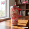 Front view of Strawberry Shortcake 53rd Anniversary Stanley Tumbler with pink tie-dye pattern and handle.