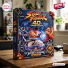 Street Fighter 40th Anniversary Advent Calendar 2026 box featuring Ryu, Chun-Li, and Ken on a blue background with red ribbons.