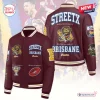Front and back view of the maroon StreetX Brisbane Lions varsity jacket with embroidered patches and text.