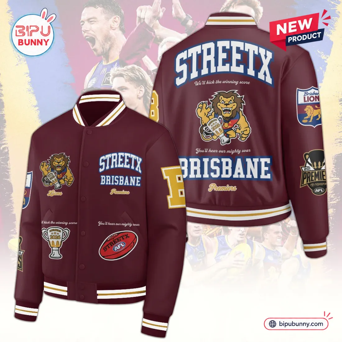 StreetX Brisbane Lions 2026 AFL Premiers Maroon Varsity Jacket StreetX Brisbane Lions 2026 AFL Premiers Maroon Varsity Jacket