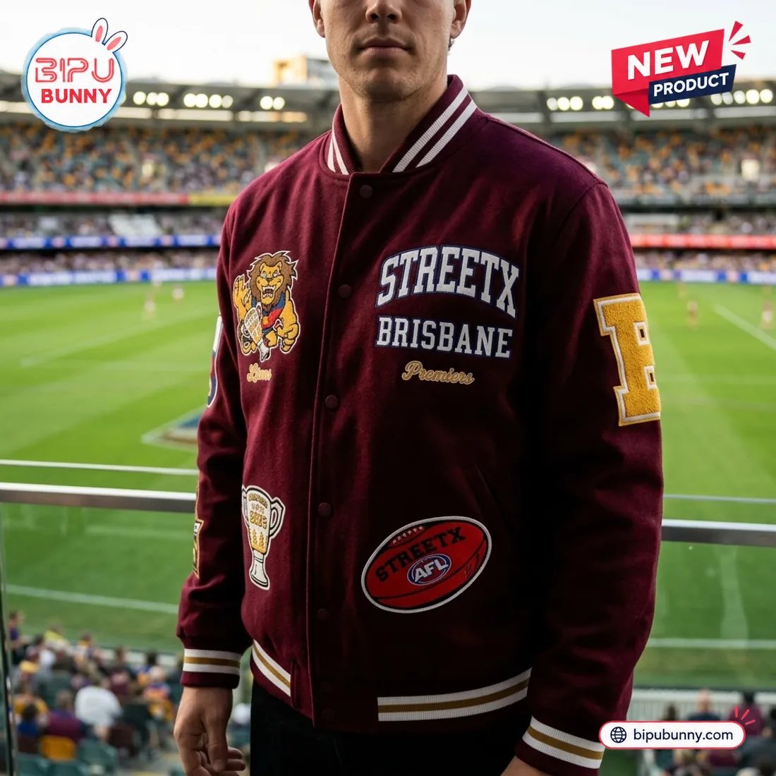 StreetX Brisbane Lions 2026 AFL Premiers Maroon Varsity Jacket StreetX Brisbane Lions 2026 AFL Premiers Maroon Varsity Jacket