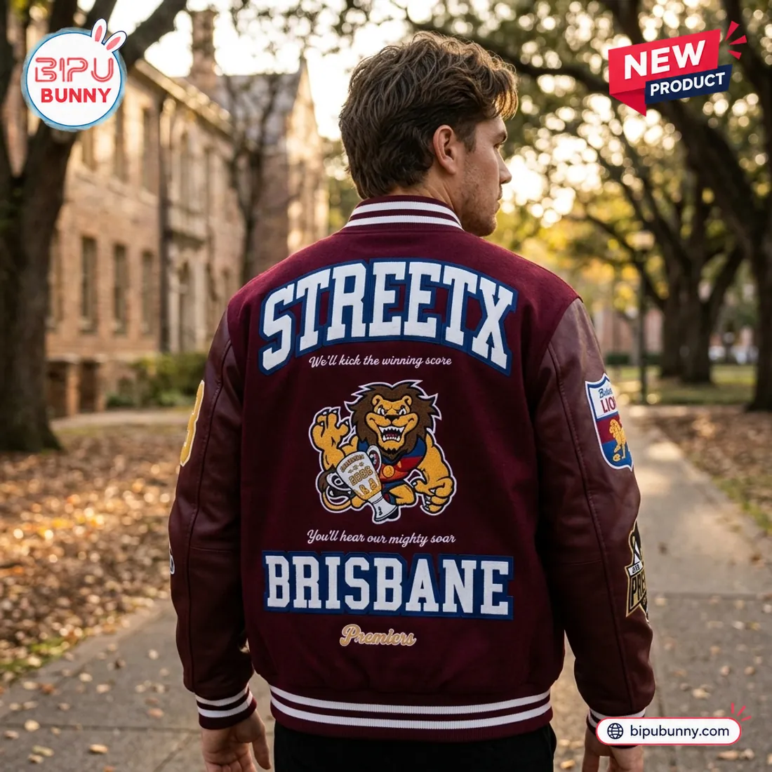 StreetX Brisbane Lions 2026 AFL Premiers Maroon Varsity Jacket StreetX Brisbane Lions 2026 AFL Premiers Maroon Varsity Jacket
