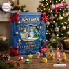 Front view of a blue Super Mario 2026 Advent Calendar box with holiday ornaments and various character figurines.