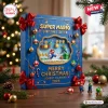 Front view of a blue Super Mario 2026 Advent Calendar with a central 3D diorama window and red bow decorations.