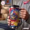 Close-up of a Super Mario 41st Anniversary Stanley Tumbler held in a person's hand.