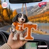 Close-up of a handmade crochet mascot car ornament hanging in a vehicle.