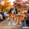 Hand holding a Tennessee Volunteers crochet mascot car ornament shaped like a dog holding a large letter T.