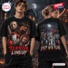 Front and back view of a black shirt featuring a horror character portrait and a dark carnival scene graphic.