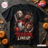 Front view of a black Terror Lineup Sinister Horror Portrait shirt featuring four iconic movie villain characters.