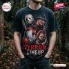 Front view of a black acid-wash shirt featuring a graphic print of four horror characters and the text Terror Lineup.