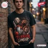 Front view of a man wearing a black shirt featuring a Terror Lineup graphic of classic horror movie villains.