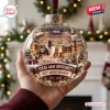 Closeup of Texas A&M University 150th Anniversary Glass Christmas Ornament featuring a stadium scene with a collie.