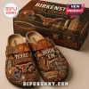 Texas Longhorns Burnt Orange Suede Clogs with team branding, football helmets, Austin skyline, and Hook Em text.