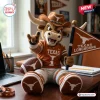 Front view of a Texas Longhorns mascot plush pillow sitting on a desk with a football and flag.