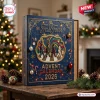 The Beatles Fab Four Advent Calendar 2026 with blue casing, gold accents, and a central Abbey Road style band illustration.