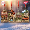 Four hanging ornaments showing Boar's Nest, an orange car jumping, the courthouse, and Hazzard County scenery.