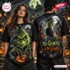 Front and back view of a black t-shirt featuring a green character with pumpkins and the text Too Grinchy To Be Spooky.