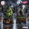 Front and back view of a shirt with a green character, glowing pumpkins, and text reading Too Grinchy to be Spooky.