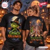Front and back view of black shirts featuring a green character in a witch hat and holiday-themed Halloween graphics.